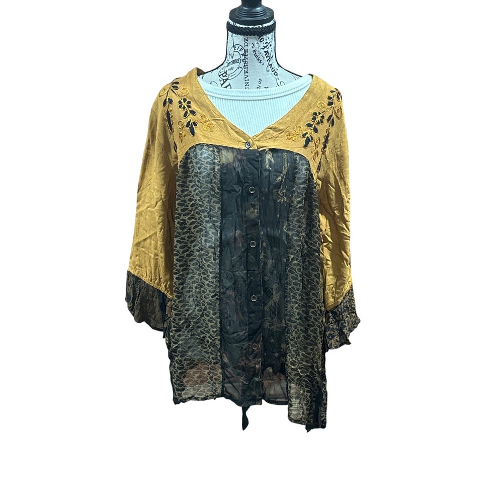 Young Threads Camel Yellow Embroidered Mixed Print Sheer Tunic Top XL TP23379 PL